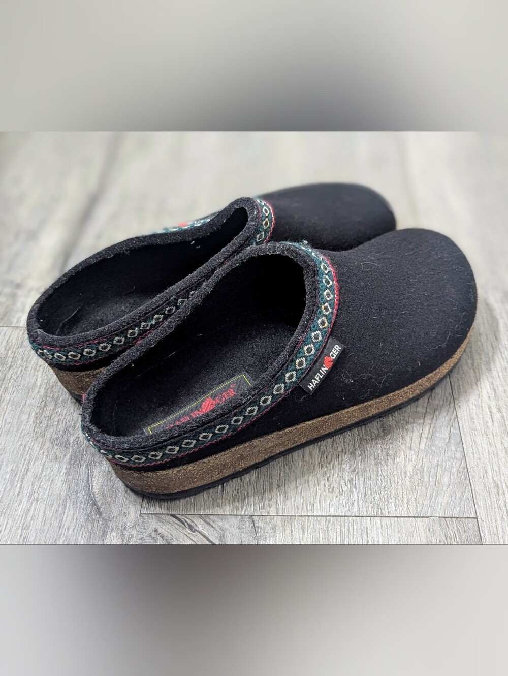 Haflinger Black Wool Slip-On Clogs with Decorative Trim